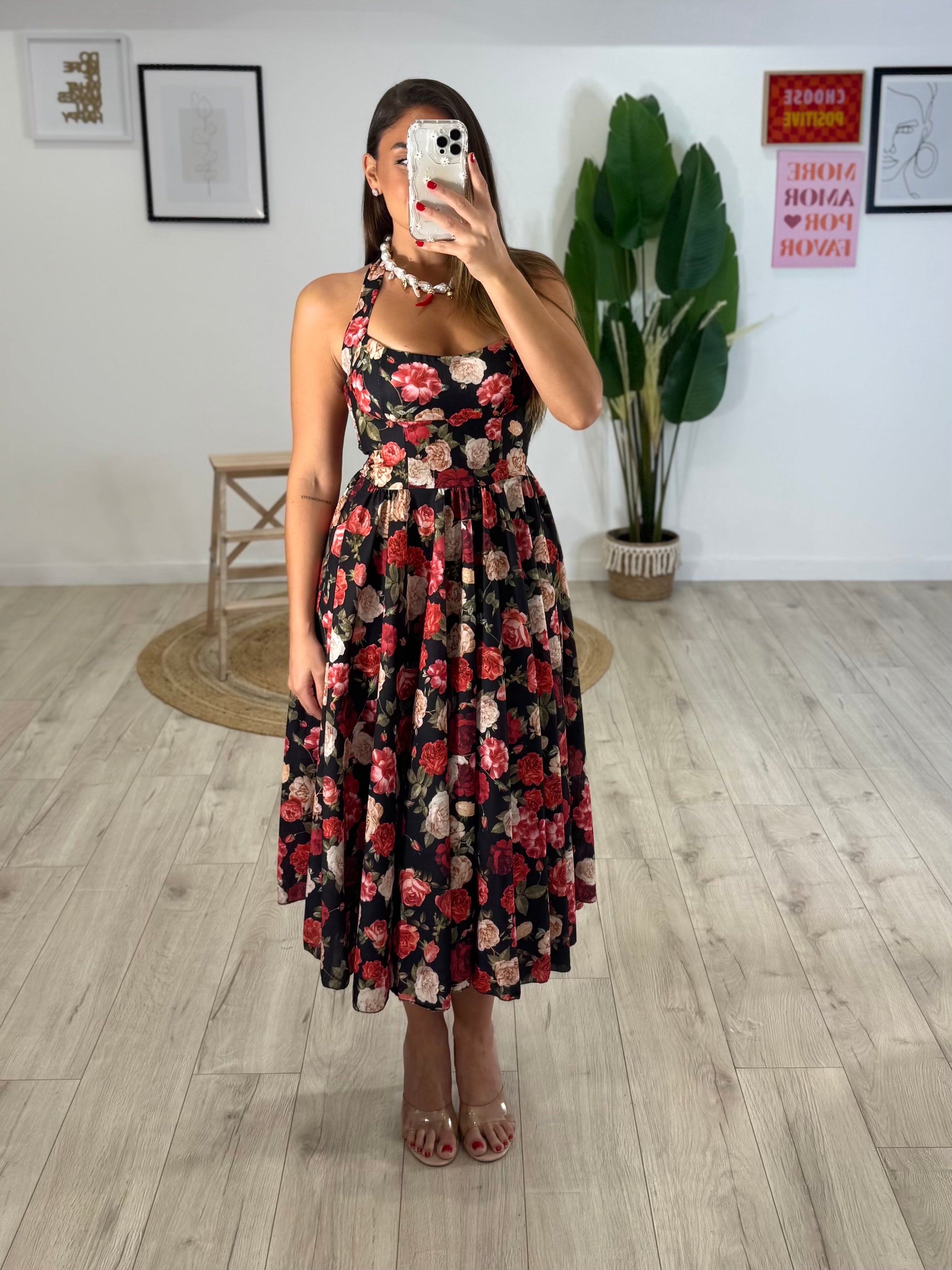 Abito Midi Flowers Nero