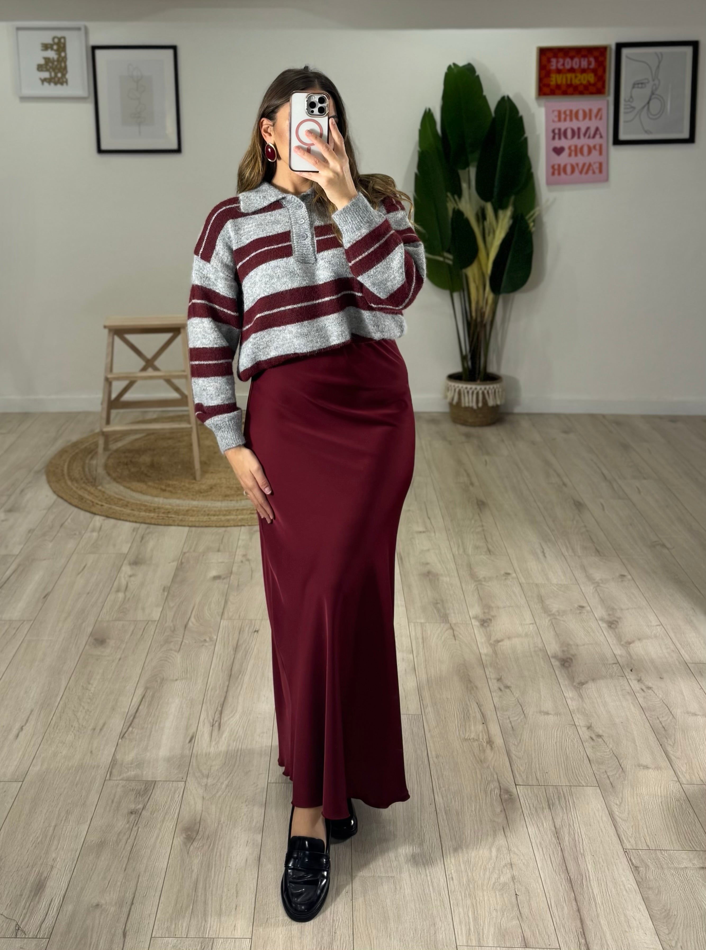 Gonna Longuette Raso Bordeaux