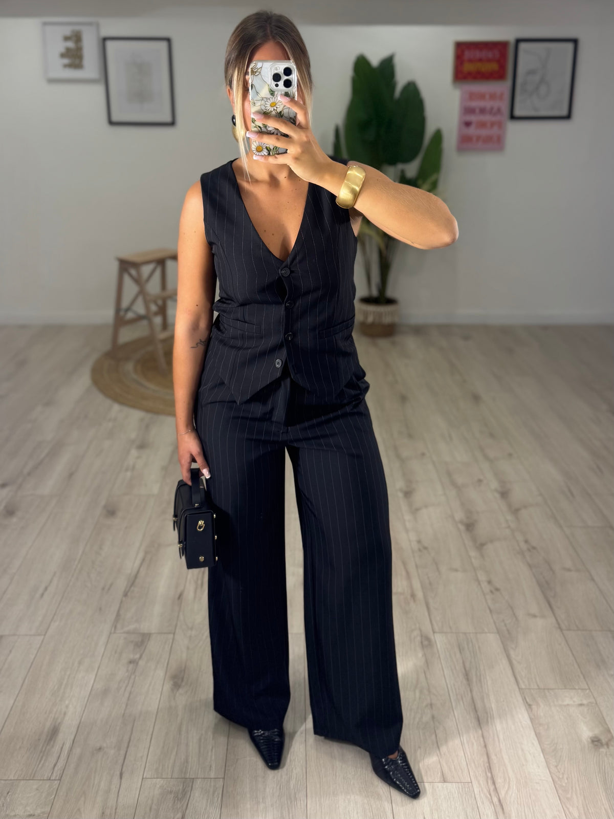 Coordinato Gessato Gilet Nero