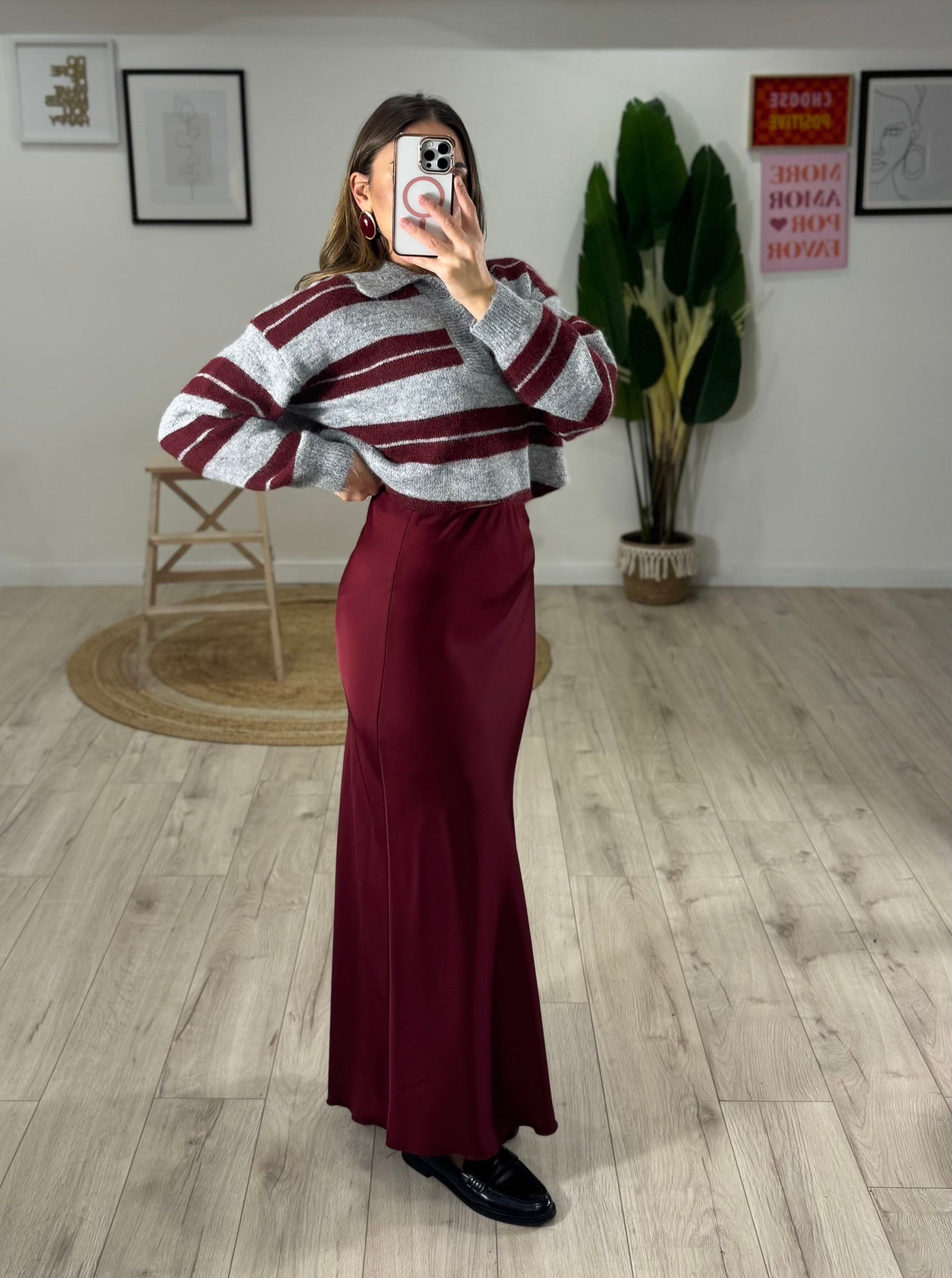 Gonna Longuette Raso Bordeaux