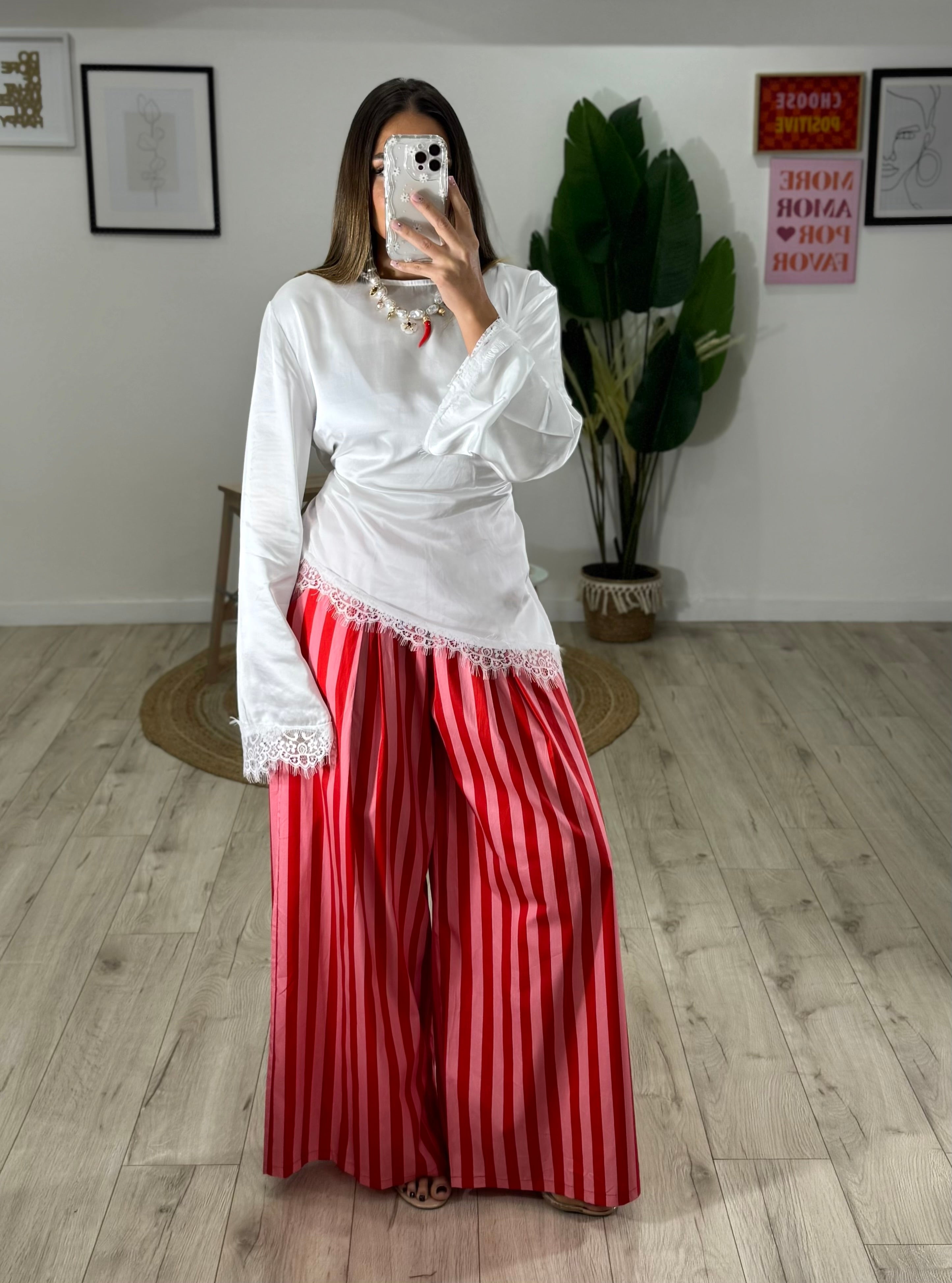 Pantalone righe rosa