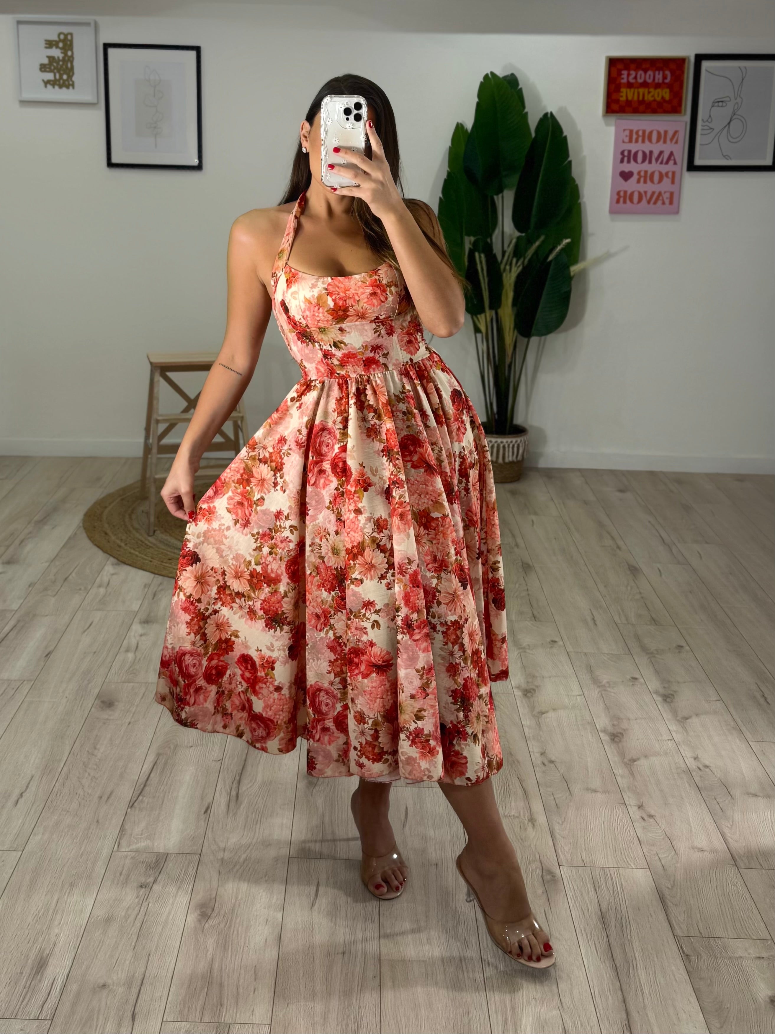 Abito Midi Flowers Bianco
