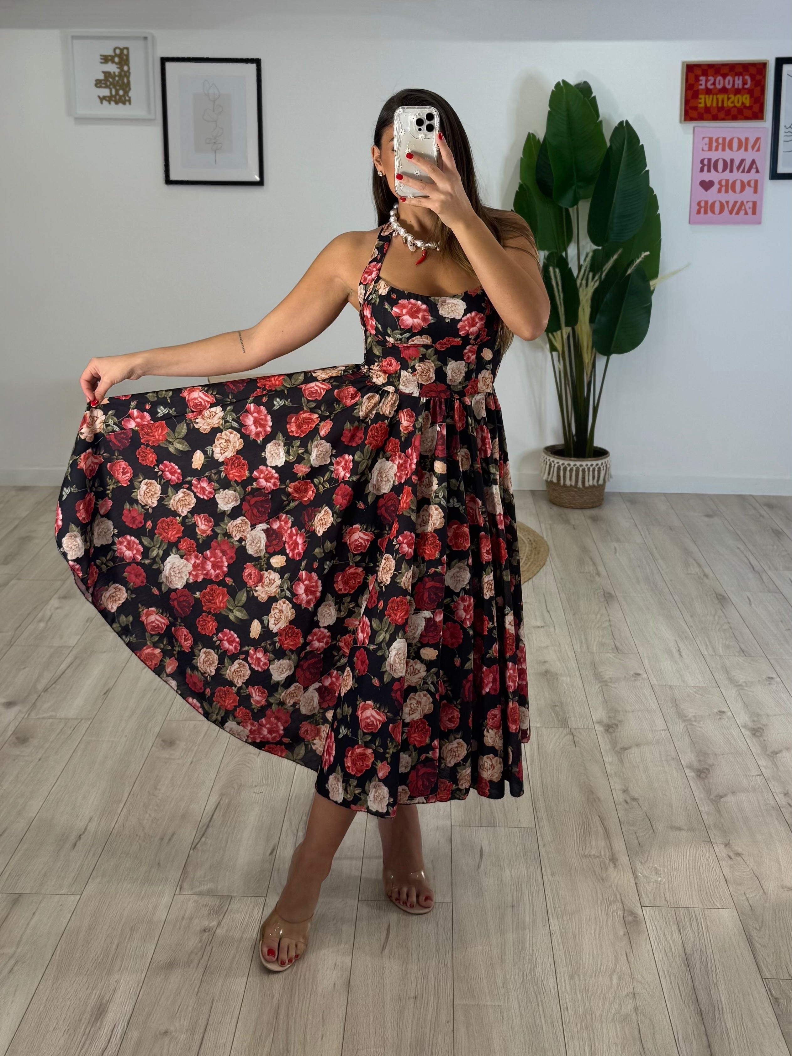 Abito Midi Flowers Nero