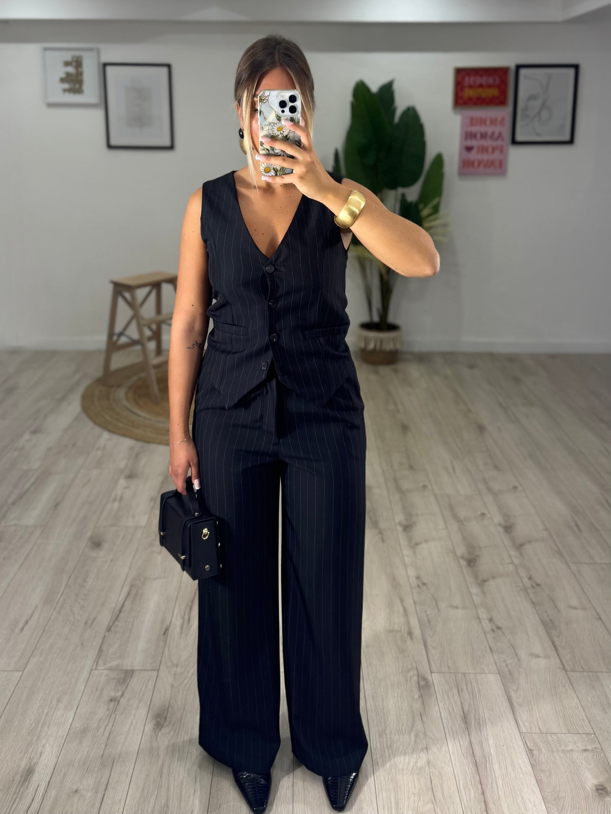 Coordinato Gessato Gilet Nero